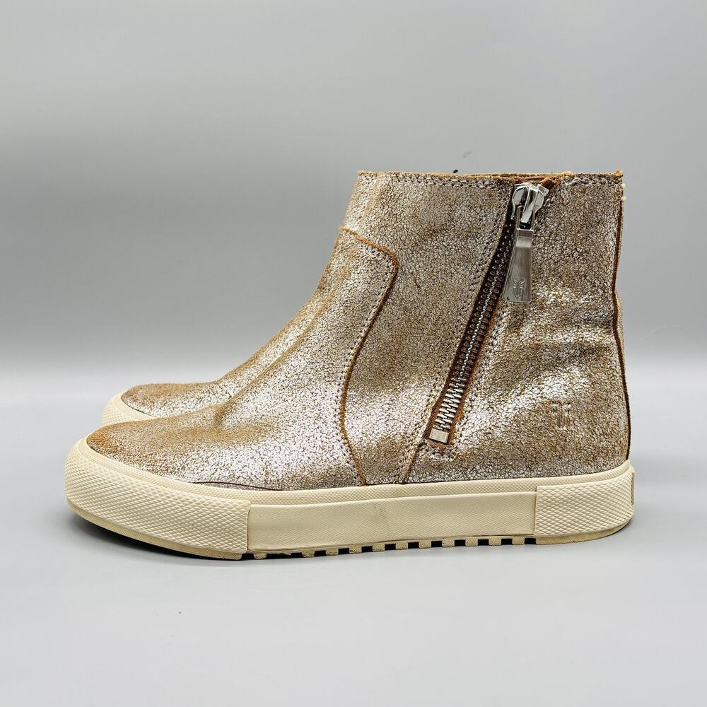 Frye Boots Womens 8 Gold Leather Gia Lug Zip High Top Sneaker Booties Shoes - Picture 4 of 11